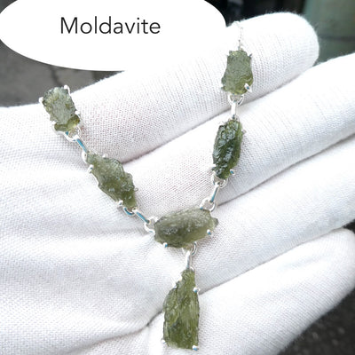 Moldavite Necklace | 6 nice Moldavite nuggets | Natural Freeform Shapes | 925 Sterling Silver | Inspiration | Energy | Intense personal transformation | Genuine Gems from Crystal Heart Australia since 1986