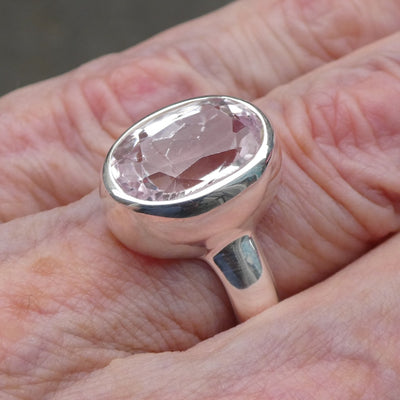 Kunzite Ring |  Faceted Oval | Flawless Brilliant Clear Stone | 925 Sterling Silver |  Deep Bezel Setting with cushioned walls | US Size 8.5 | EU or AU Size Q1/2  | Wisdom of the Heart | Inspire Love with Clarity | Taurus Scorpio Leo | Genuine Gemstones from Crystal heart Melbourne Australia since 1986