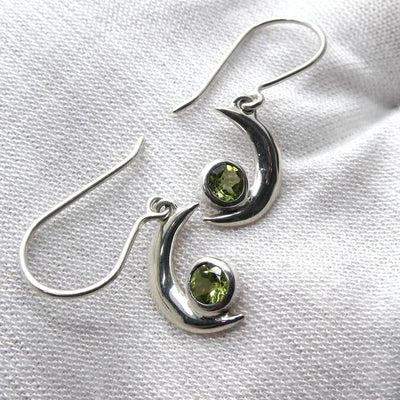 Peridot Earrings with Crescent Moon, 925 Sterling Silver