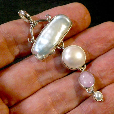 Baroque Pearl Pendant with Mabe and Morganite | 925 Sterling Silver | Lovely Lustre | Bezel set with open back | Genuine Gems from Crystal Heart Melbourne Australia since 1986
