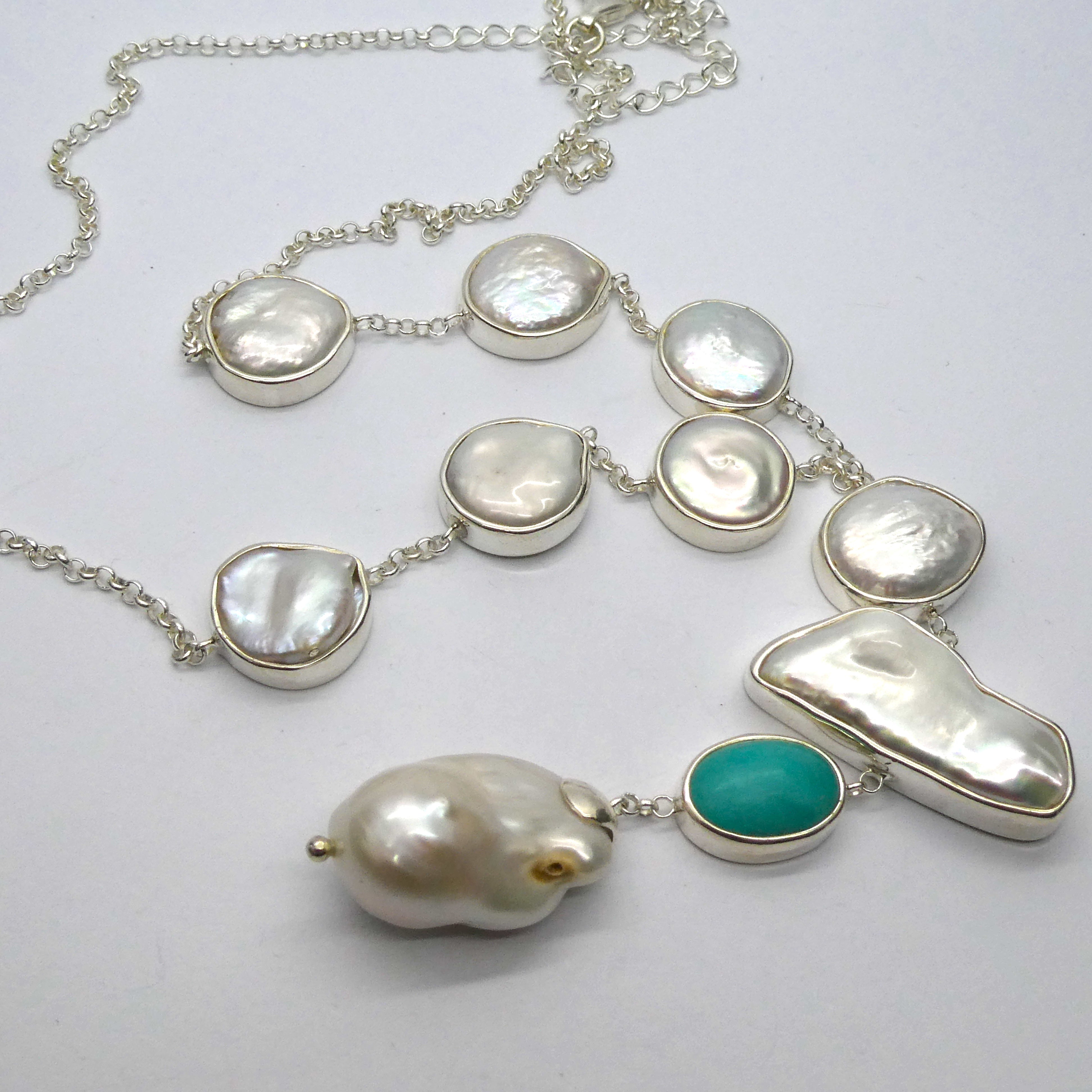 Baroque Pearl Necklace with Coin pearls, 925 Sterling Silver 