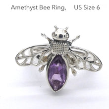 Load image into Gallery viewer, Bee Jewelry | Ring | US Size 6 | 925 Sterling silver | Faceted Amethyst | Life Like | Wings in Flight | Creativity fertility Goddess wisdom power | Spiritual Vision | Melissa | Merovingian | Genuine Gems from Crystal Heart Melbourne Australia since 1986
