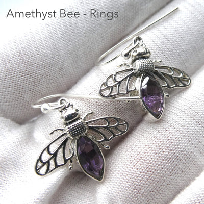 Bee Jewelry | Earring | 925 Sterling silver | Faceted Amethyst | Life Like | Wings in Flight | Creativity fertility Goddess wisdom power | Spiritual Vision | Melissa | Merovingian | Genuine Gems from Crystal Heart Melbourne Australia since 1986
