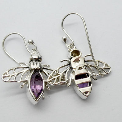 Bee Jewelry | Earring | 925 Sterling silver | Faceted Amethyst | Life Like | Wings in Flight | Creativity fertility Goddess wisdom power | Spiritual Vision | Melissa | Merovingian | Genuine Gems from Crystal Heart Melbourne Australia since 1986