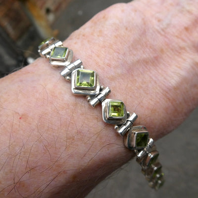 Peridot Bracelet | Thirteen Faceted Squares | 925 Sterling Silver | Bezel Set | Open Backs | Adjustable length | Crystal Heart Melbourne Australia since 1986