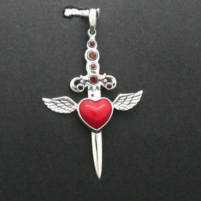 kt Garnet Dagger Pendant Transfixing Winged Heart, 925 Sterling Silver