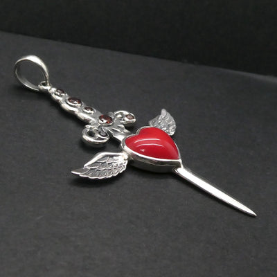 kt Garnet Dagger Pendant Transfixing Winged Heart, 925 Sterling Silver