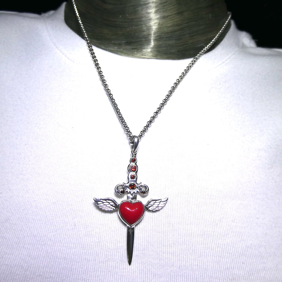 kt Garnet Dagger Pendant Transfixing Winged Heart, 925 Sterling Silver