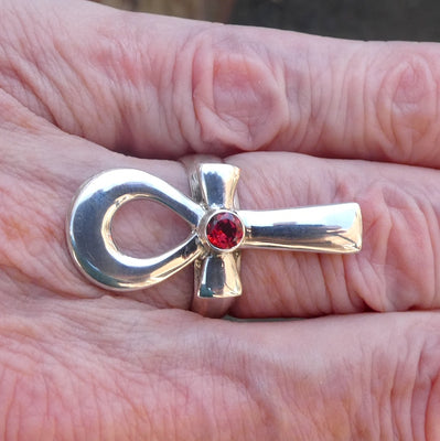 Ankh Ring | Faceted Garnet  Round Accent | 925 Sterling Silver | US Size 9.75  | AUS  Size T | Genuine Gems from Crystal Heart Melbourne Australia since 1986