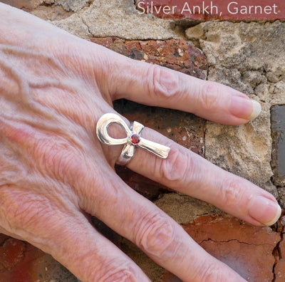 Ankh Ring | Faceted Garnet  Round Accent | 925 Sterling Silver | US Size 9.75  | AUS  Size T | Genuine Gems from Crystal Heart Melbourne Australia since 1986