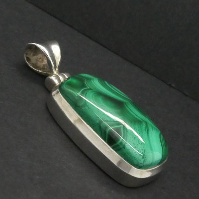 Malachite Pendant | 925 Silver | Strong Bezel Setting | Shaped & Hinged Bail | Congo | Fine Markings | Genuine Gems, Crystal Heart Melbourne Australia est 1986