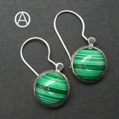 Malachite Earring | Round Cabochons | Bezel Set | 925 Sterling Silver | Empower the Feminine | Detox | Empower | Crystal Heart Melbourne Australia since 1986