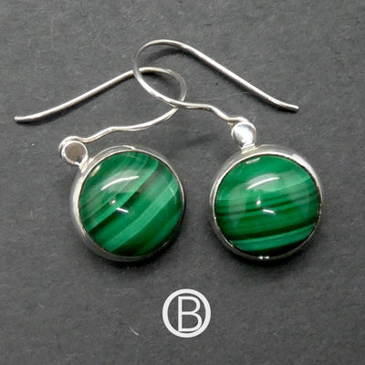 Malachite Earring | Round Cabochons | Bezel Set | 925 Sterling Silver | Empower the Feminine | Detox | Empower | Crystal Heart Melbourne Australia since 1986