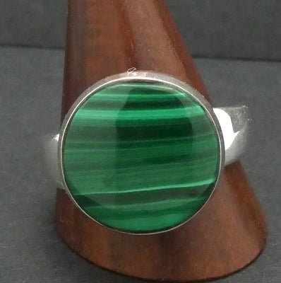 Malachite Ring | Round Cabochon | 925 Silver Setting | Adjustable Band | US Size 9 | Aus R1/2 | Detox, Feminine Power | Crystal Heart Melbourne est 1986