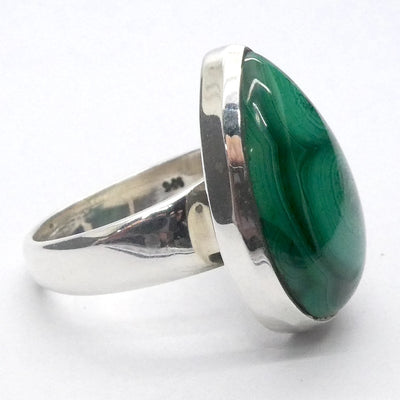 Malachite Ring | Teardrop Cabochon | 925 Silver Setting | Adjustable Band | US Size 7 - 8  | Detox, Feminine Power | Crystal Heart Melbourne Australia est 1986