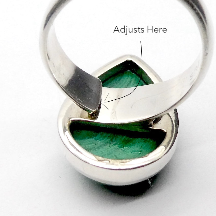 Malachite Ring | Teardrop Cabochon | 925 Silver Setting | Adjustable Band | US Size 7 - 8  | Detox, Feminine Power | Crystal Heart Melbourne Australia est 1986