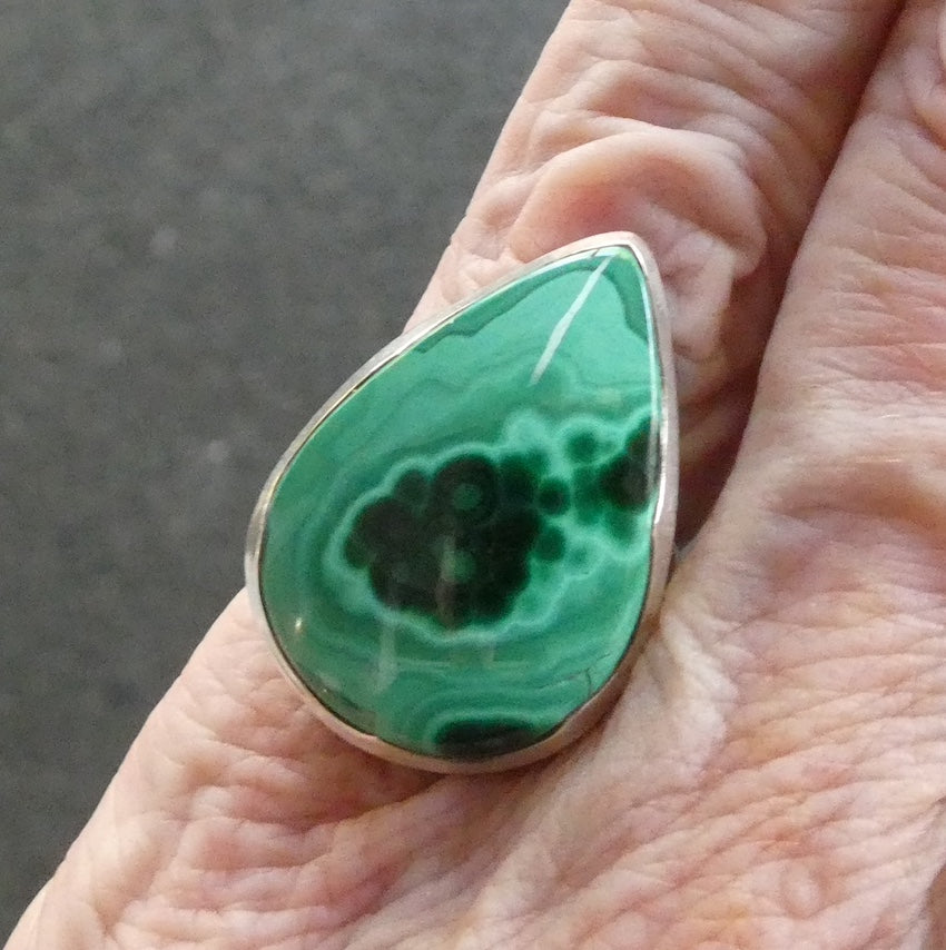 Malachite Ring | Teardrop Cabochon | 925 Silver Setting | Adjustable Band | US Size 6.5 | Aus M1/2 | Detox, Feminine Power | Crystal Heart Melbourne est 1986