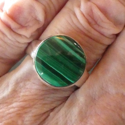 Malachite Ring | Round Cabochon | 925 Silver Setting | Adjustable Band | US Size 9 | Aus R1/2 | Detox, Feminine Power | Crystal Heart Melbourne est 1986