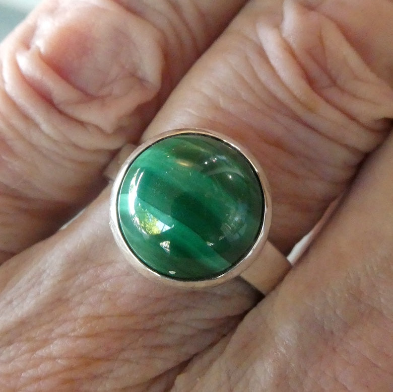 Malachite Ring | Round Cabochon | 925 Silver Setting | Adjustable Band | US Size 9 | Aus R1/2 | Detox, Feminine Power | Crystal Heart Melbourne est 1986
