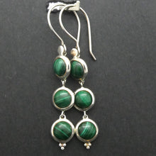 Load image into Gallery viewer, Malachite Earrings | 3 rounds dangling | 925 Sterling Silver | Dainty | Feminine Power | Detox | Empower | Crystal Heart Melbourne Australia since 1986
