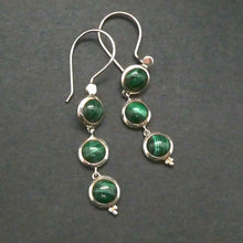 Load image into Gallery viewer, Malachite Earrings | 3 rounds dangling | 925 Sterling Silver | Dainty | Feminine Power | Detox | Empower | Crystal Heart Melbourne Australia since 1986