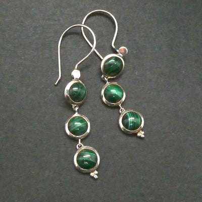 Malachite Earrings | 3 rounds dangling | 925 Sterling Silver | Dainty | Feminine Power | Detox | Empower | Crystal Heart Melbourne Australia since 1986