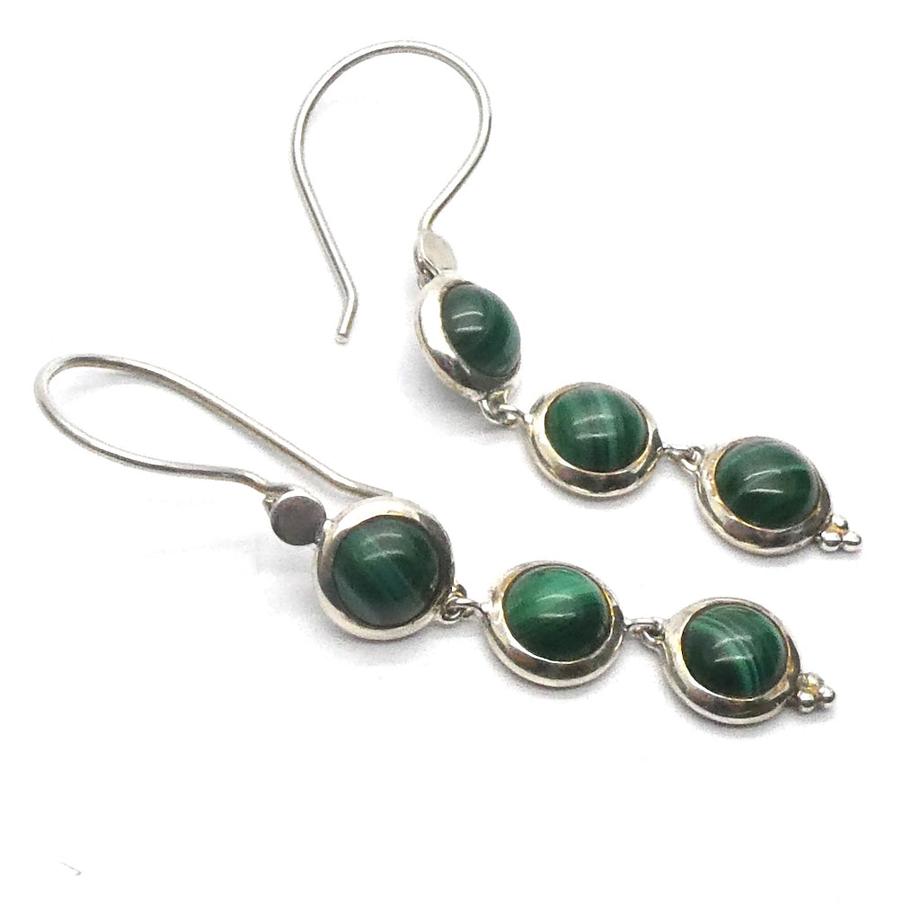 Malachite Earrings, Three Round dangling cabochons , 925 Silver, KT