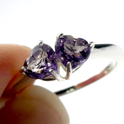 Amethyst Ring, Twin Hearts, Faceted AA Stones, 925 Sterling Silver