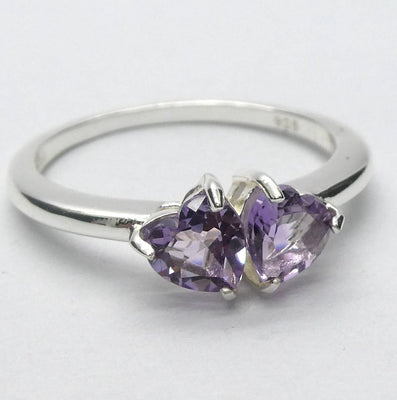 Amethyst Ring, Twin Hearts, Faceted AA Stones, 925 Sterling Silver