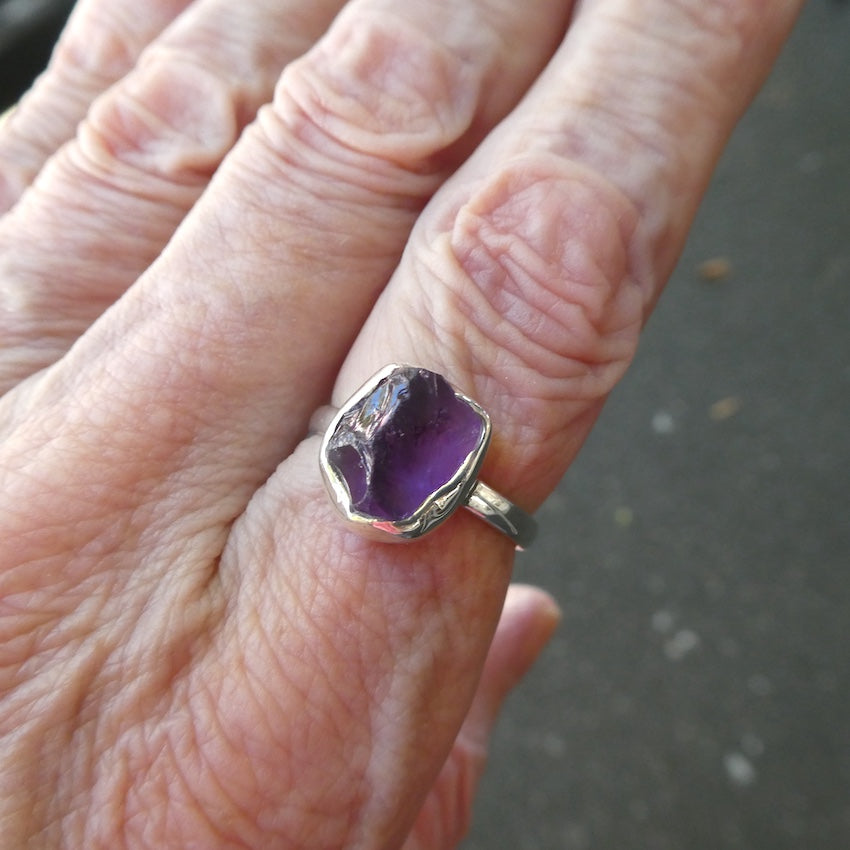 Amethyst Ring | Raw Uncut nugget | Gem Quality | 925 Silver | US Size 5 or 9 | Genuine Gems from Crystal Heart Melbourne Australia since 1986