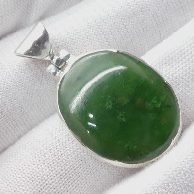 Nephrite Jade Pendant | Oval Cabochon | 925 Sterling Silver | Good colour and Translucency | Refined Heart Energy | Genuine Gems from Crystal Heart Melbourne Australia since 1986