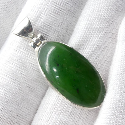 Nephrite Jade Pendant | Oval Cabochon | 925 Sterling Silver | Good colour and Translucency | Refined Heart Energy | Genuine Gems from Crystal Heart Melbourne Australia since 1986