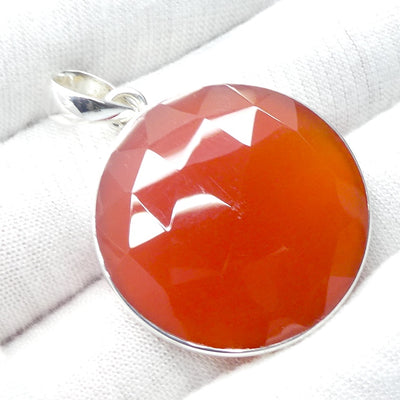 Carnelian Pendant | Large Round Cabochon | Checkerboard cut | 925 Sterling Silver | Good Colour & translucency | Crystal Heart Melbourne Australia est 1986 |