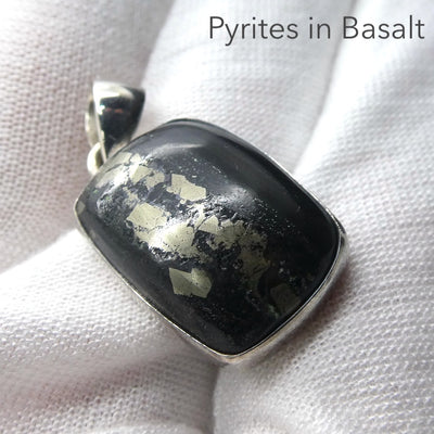 Golden Pyrites in Black Basalt Pendant | 925 Sterling Silver Setting | Heart Shield Protect | Prosperity | Practical Intuition | Crystal Heart Melbourne est 1986