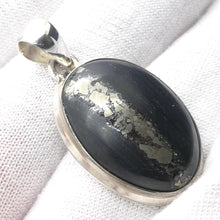 Load image into Gallery viewer, Golden Pyrites in Black Basalt Pendant | 925 Sterling Silver Setting | Heart Shield Protect | Prosperity | Practical Intuition | Crystal Heart Melbourne est 1986
