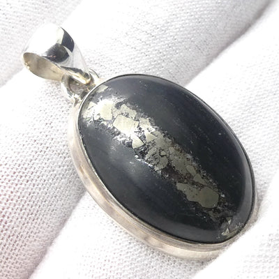 Golden Pyrites in Black Basalt Pendant | 925 Sterling Silver Setting | Heart Shield Protect | Prosperity | Practical Intuition | Crystal Heart Melbourne est 1986