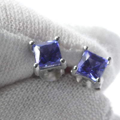 Tanzanite Stud Earrings, Faceted AAA Squares, 925 Sterling Silver