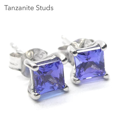 Tanzanite Stud Earrings, Faceted AAA Squares, 925 Sterling Silver