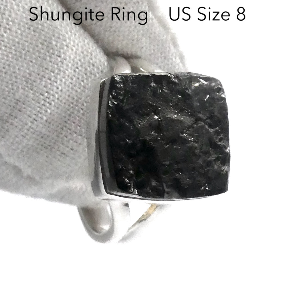 Noble Shungite Ring | Square Stone | Raw Top | 925 Sterling Silver | US Size 8 | AUS Size P1/2 | Purify Water | Protect EMFs | Genuine Gems from Crystal Heart Melbourne Australia est 1986