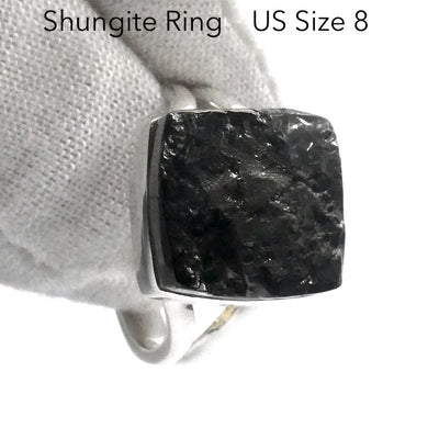 Noble Shungite Ring | Square Stone | Raw Top | 925 Sterling Silver | US Size 8 | AUS Size P1/2 | Purify Water | Protect EMFs | Genuine Gems from Crystal Heart Melbourne Australia est 1986