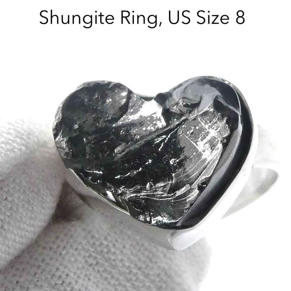 Noble Shungite Ring | Raw Heart Shape | 925 Sterling Silver | US Size 8 | AUS Size P1/2 | Purify Water | Protect EMFs | Genuine Gems from Crystal Heart Melbourne Australia est 1986