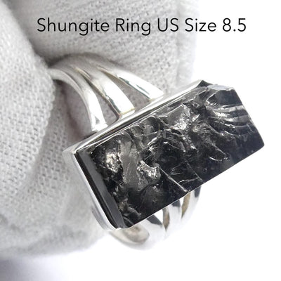 Noble Shungite Ring | Raw Oblong | 925 Sterling Silver | US Size 8.5 | AUS Size Q1/2 | Purify Water | Protect EMFs | Genuine Gems from Crystal Heart Melbourne Australia est 1986