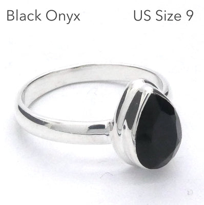 Black Onyx Ring | Faceted Teardop | 925 S Silver | US Size 9 | AUS Size R1/2 | Personally Empower | Calm Confidence | Crystal Heart Melbourne Australia est 1986