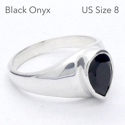 Black Onyx Ring, Faceted Teardrop, 925 Sterling Silver, Size 8