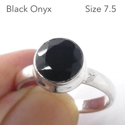 Black Onyx Ring | 925 Sterling Silver Setting | Round cabochon | US Size 7.5 | US 8.5 | Personally Empowering | Genuine Gems from Crystal Heart Melbourne Australia since 1986