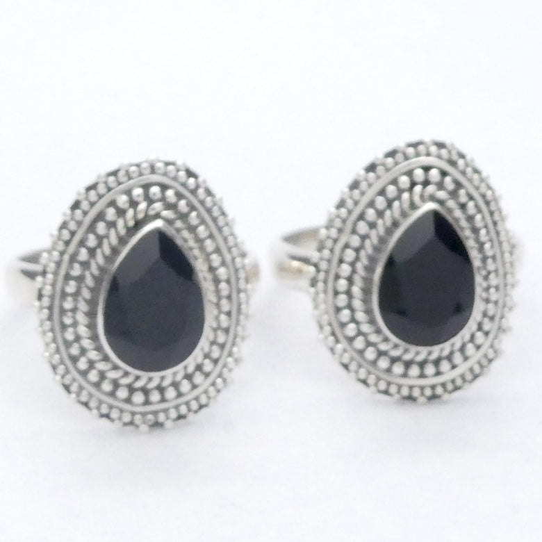 Black Onyx Ring | Faceted Teardrop | 925 Sterling Silver | Detailed setting | US Size 7 | US Size 8 | Personally Empowering | Genuine Gems from Crystal Heart Melbourne Australia since 1986
