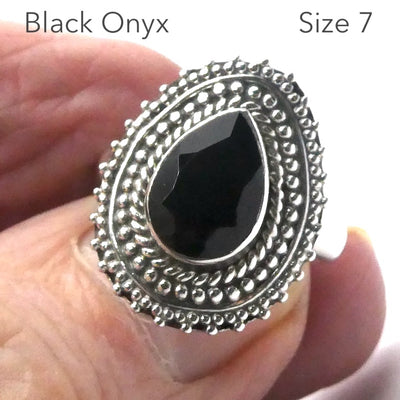 Black Onyx Ring | Faceted Teardrop | 925 Sterling Silver | Detailed setting | US Size 7 | US Size 8 | Personally Empowering | Genuine Gems from Crystal Heart Melbourne Australia since 1986
