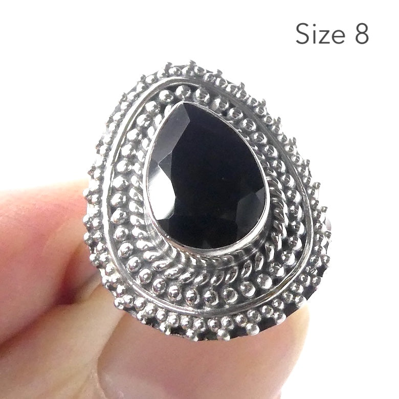 Black Onyx Ring | Faceted Teardrop | 925 Sterling Silver | Detailed setting | US Size 7 | US Size 8 | Personally Empowering | Genuine Gems from Crystal Heart Melbourne Australia since 1986