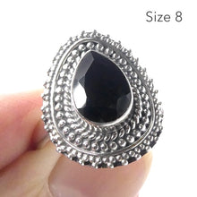 Load image into Gallery viewer, Black Onyx Ring | Faceted Teardrop | 925 Sterling Silver | Detailed setting | US Size 7 | US Size 8 | Personally Empowering | Genuine Gems from Crystal Heart Melbourne Australia since 1986