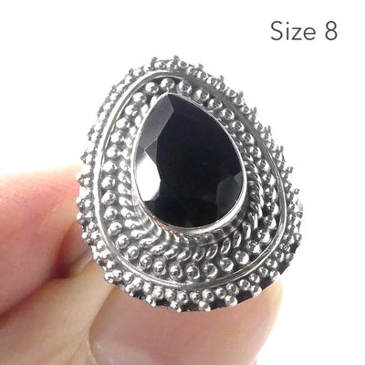 Black Onyx Ring | Faceted Teardrop | 925 Sterling Silver | Detailed setting | US Size 7 | US Size 8 | Personally Empowering | Genuine Gems from Crystal Heart Melbourne Australia since 1986